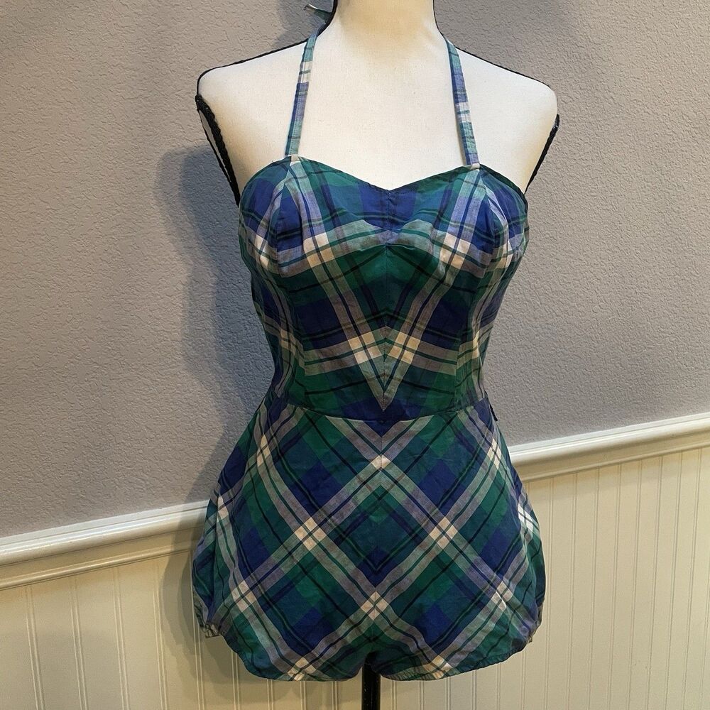 Vtg 50s Rose Marie Reid Plaid Halter Swimsuit Romper Bubble Playsuit Pinup XS/S